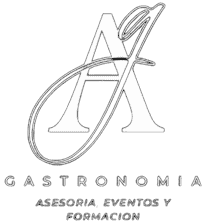 Logotipo con letra "A" y "G" estilizadas sobre la palabra "GASTRONOMIA", ofreciendo experiencias gourmet de catering, con el texto "ASESORÍA, EVENTOS Y FORMACIÓN" debajo.