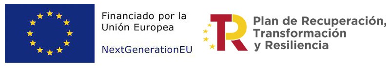Logotipo de la UE con texto: "Financiado por la Unión Europea, NextGenerationEU" y "Plan de Recuperación, Transformación y Resiliencia" junto a un logotipo R entrelazado con estrellas.