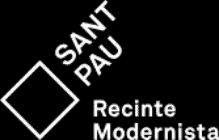 Logotipo con un cuadrado inclinado y la palabra “SANT PAU” en diagonal en su interior, encima de “Recinto Modernista” sobre fondo negro, perfecto para representar una experiencia de pastelería creativa o gastronomía gourmet.