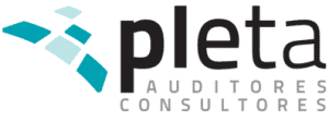 Logotipo con la palabra "pleta" en texto grande y "Auditores Consultores" debajo, junto a una forma geométrica abstracta azul y gris a la izquierda, reflejando un toque de sofisticación gourmet de la gastronomía.