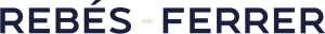 La imagen muestra el texto “REBÉS - FERRER” en letras mayúsculas de color azul oscuro en negrita, separadas por un guión beige claro, perfecto para un entorno de pastelería creativa o gastronomía gourmet.