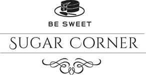 Logotipo para Sugar Corner, una pastelería creativa, que incluye las palabras "Be Sweet" y "Sugar Corner", un pastel ilustrado, y detalles decorativos, perfecto para catering de eventos gourmet o experiencias de team building en Barcelona.